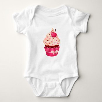 Girly Pink Cupcake With Sprinkles And Cherry Baby Bodysuit by VintageDesignsShop at Zazzle