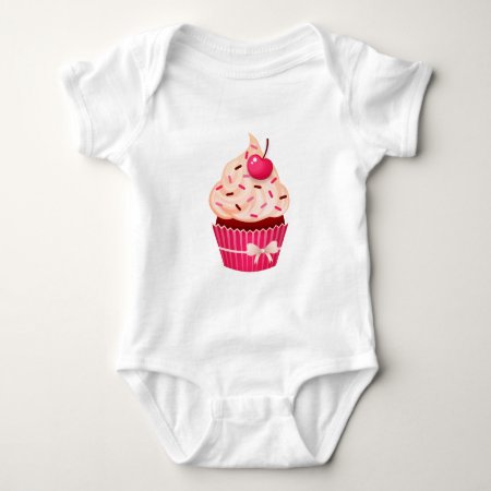 Girly Pink Cupcake With Sprinkles And Cherry Baby Bodysuit