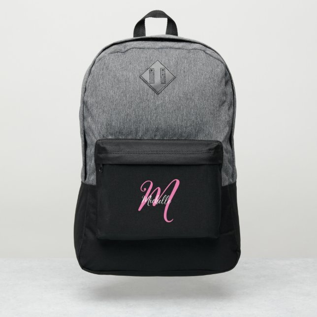 Girly Pink Cursive Monogram Name + Initial Port Authority® Backpack (Front)