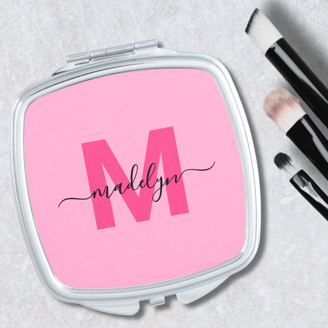 Girly Pink Custom Initial Name Monogram Compact Mirror (Girly Pink Custom Initial Name Monogram Compact Mirror )
