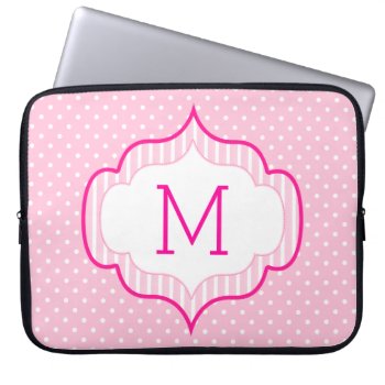 Girly Pink Custom Monogram Polka Dot Pattern Laptop Sleeve by VintageDesignsShop at Zazzle