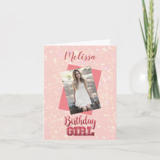 Girly Pink Custom Photo|Name Pink Sparkle Birthday Card