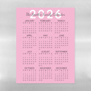 Girly Pink Custom Yearly 2026 Family Calendar Magnetic Dry Erase Sheet