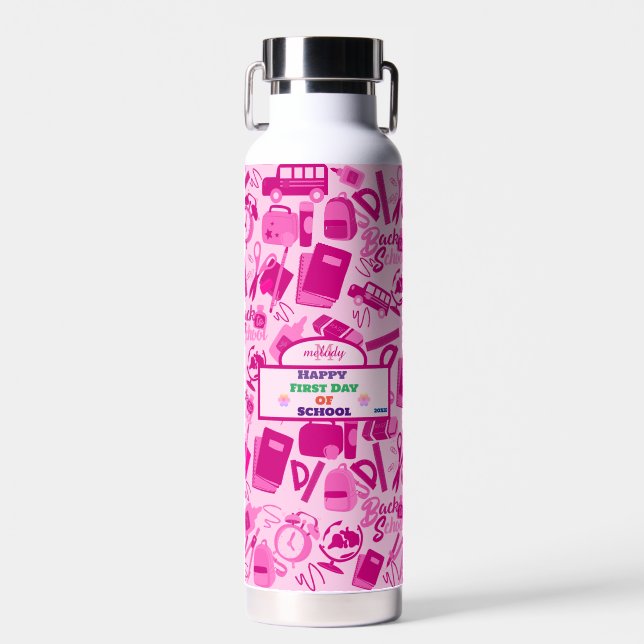 girly pink Customizable Back to School Pattern Water Bottle (Front)
