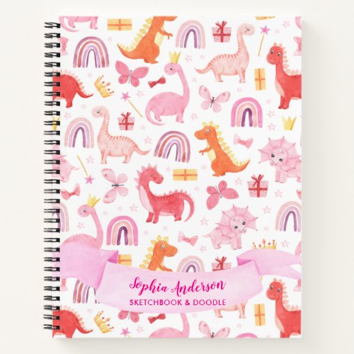 Girly Pink Cute Dino Dinosaur Custom Name Notebook