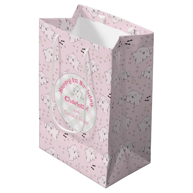 Girly Pink Cute Ghosts Baby Halloween 1st Birthday Medium Gift Bag (Front Angled)