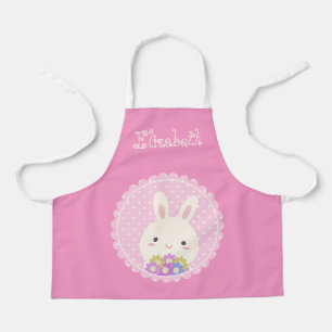 Girly Pink Cute Kawaii Bunny & Flowers Custom Name Apron