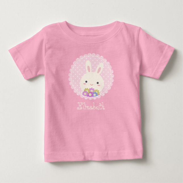 Girly Pink Cute Kawaii Bunny & Flowers Custom Name Baby T-Shirt (Front)