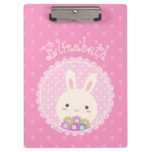 Girly Pink Cute Kawaii Bunny & Flowers Custom Name Clipboard