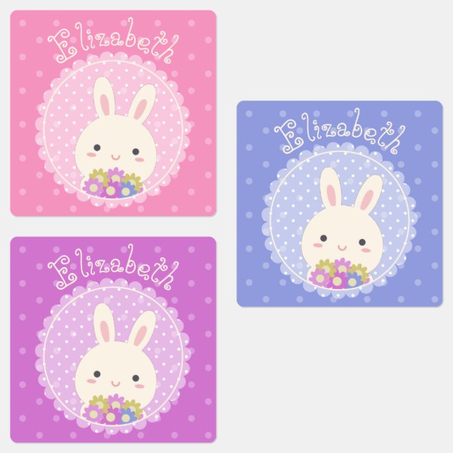 Girly Pink Cute Kawaii Bunny & Flowers Custom Name Labels (Group)