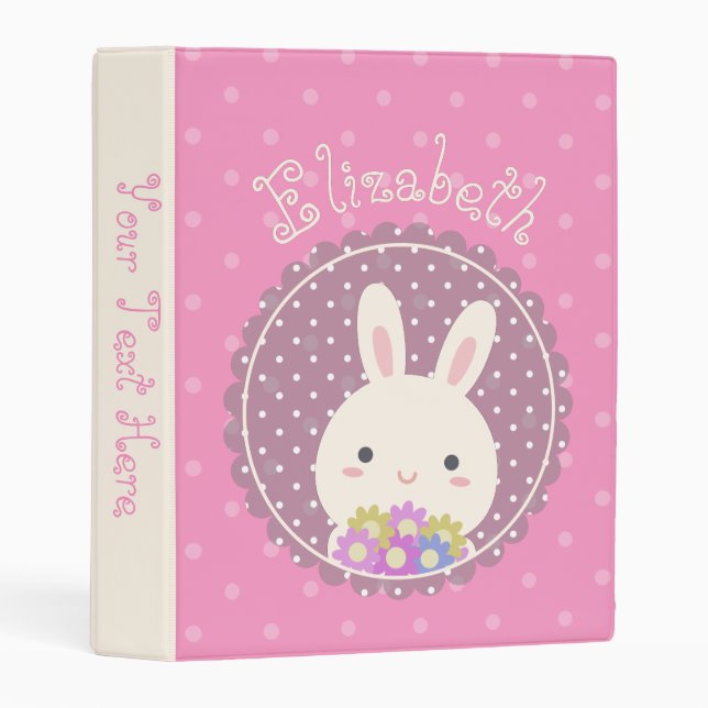 Girly Pink Cute Kawaii Bunny & Flowers Custom Name Mini Binder (Front/Spine)