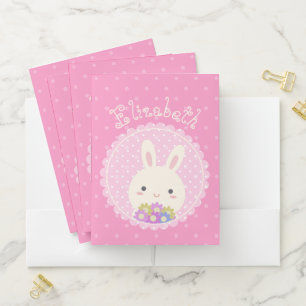Girly Pink Cute Kawaii Bunny & Flowers Custom Name Pocket Folder