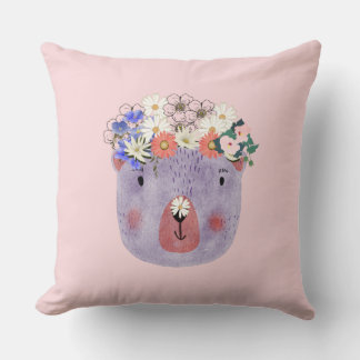 Girly pink cute wild animal with flowers nursery throw pillow
