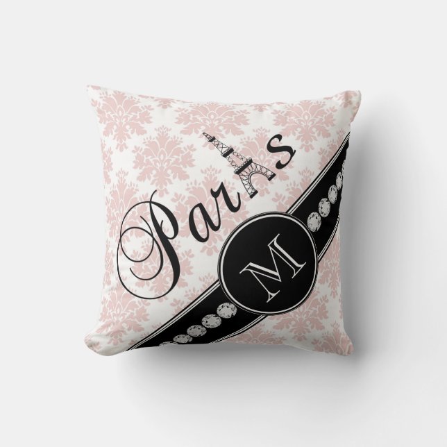 Girly Pink Damask Black Paris Monogram Throw Pillow (Front)