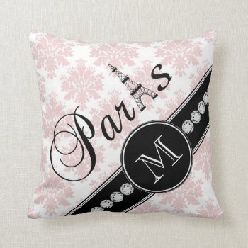 Girly Pink Damask Black Paris Monogram Throw Pillow by MonogramGalleryGifts at Zazzle