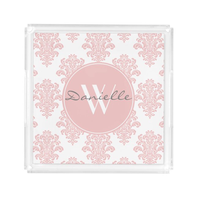 Girly Pink Damask Monogram Acrylic Tray (Front)