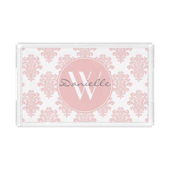 Girly Pink Damask Monogram Acrylic Tray (Front)