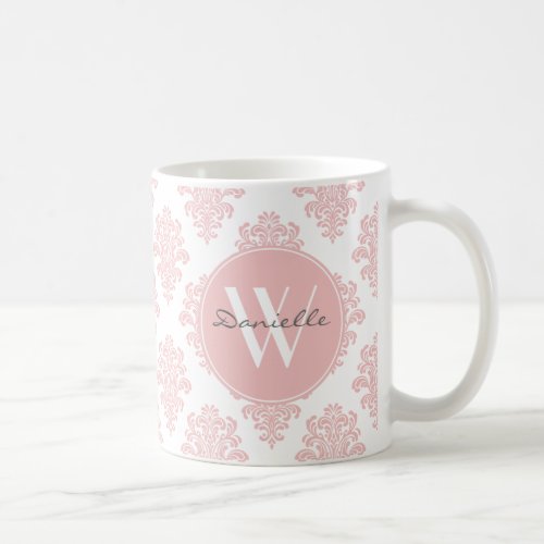 Girly Pink Damask Monogram Coffee Mug