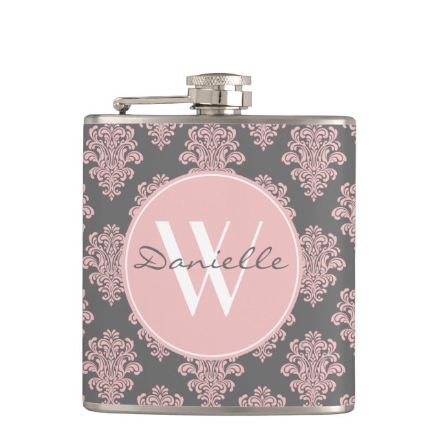 Girly Pink Damask Monogram Flask (Front)