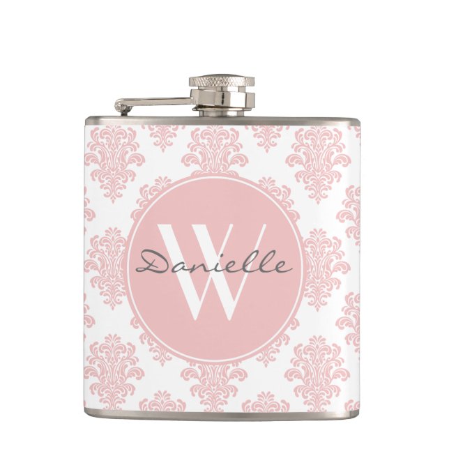 Girly Pink Damask Monogram Flask (Front)