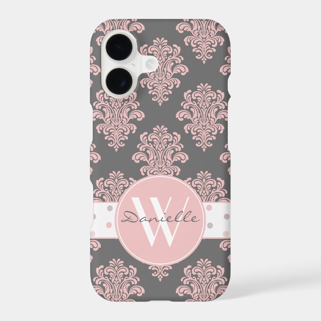 Girly Pink Damask Monogram Iphone Case (Back)