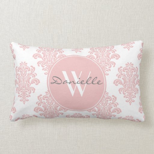 Girly Pink Damask Monogram Lumbar Pillow
