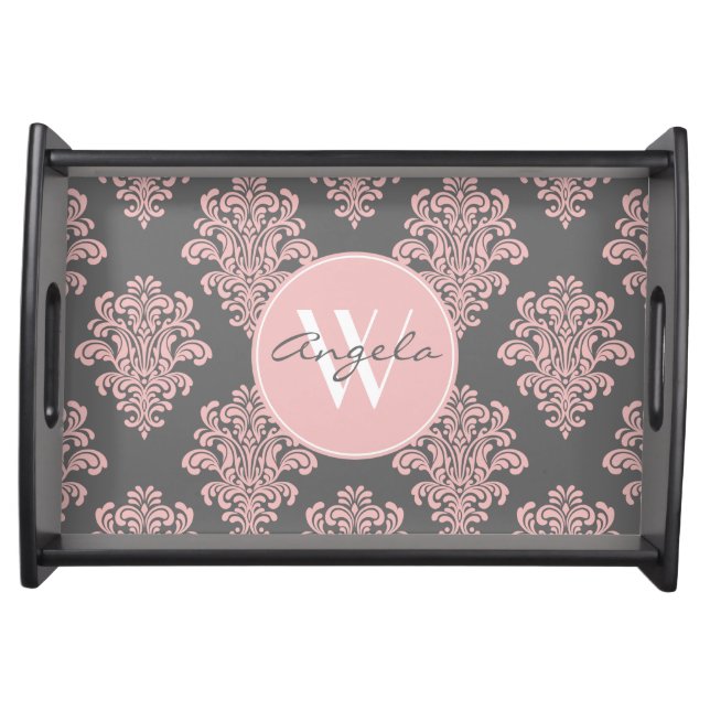 Girly Pink Damask Monogram Serving Tray (Front)