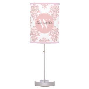 Girly Pink Damask Monogram Table Lamp