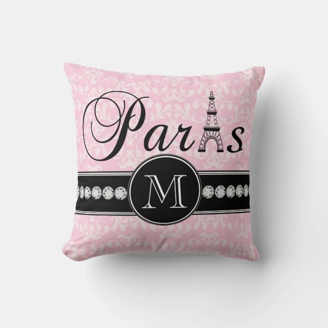 Girly Pink Damask Paris Monogrammed Throw Pillow (Front)