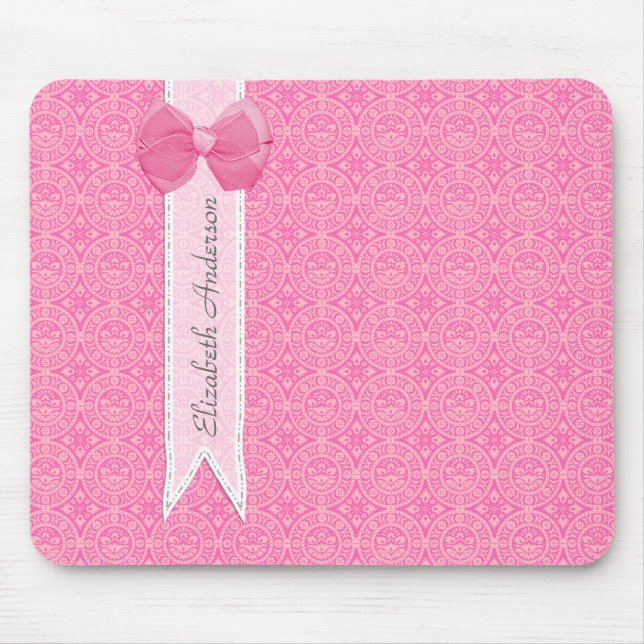 Girly Pink Damask Pattern Cute Bow With Name Mouse Pad (Front)