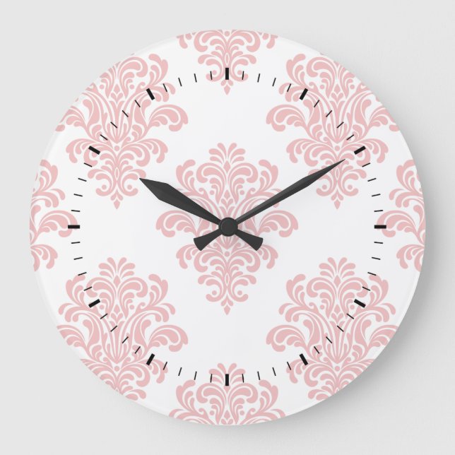 Girly Pink Damask Pattern Large Clock (Front)