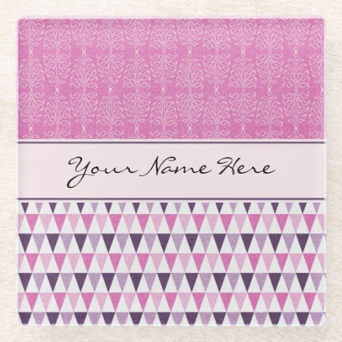 Girly Pink Damasks and Geometric Pattern Glass Coaster