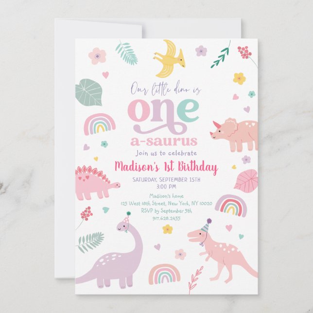 Girly Pink Dinosaur 1st Birthday Invitation (Front)