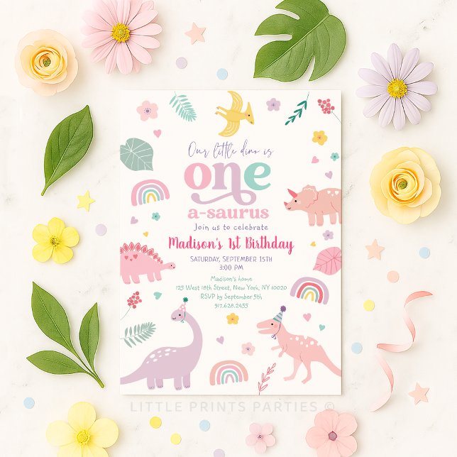 Girly Pink Dinosaur 1st Birthday Invitation (Creator Uploaded)