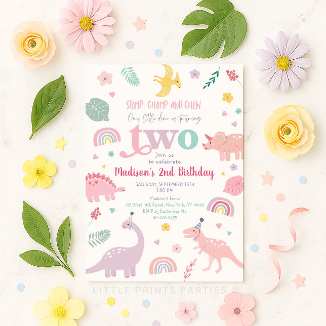 Girly Pink Dinosaur 2nd Birthday Invitation (Creator Uploaded)