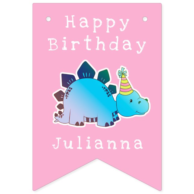 Girly Pink Dinosaur Birthday Party Decorations Bunting Flags (First Flag)