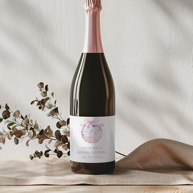 Girly Pink Disco Ball Elegant Bridal Shower Sparkling Wine Label (Creator Uploaded)