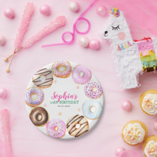 Girly Pink Donuts Watercolor Birthday Party Paper Plates
