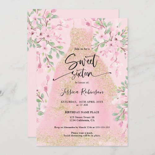 girly pink dress gold glitter floral chic Sweet 16 Invitation