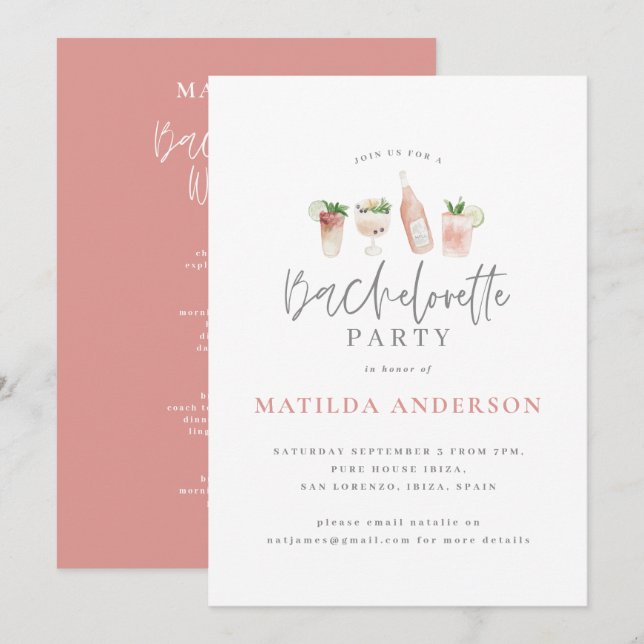 Girly pink drinks bachelorette weekend itinerary announcement (Front/Back)