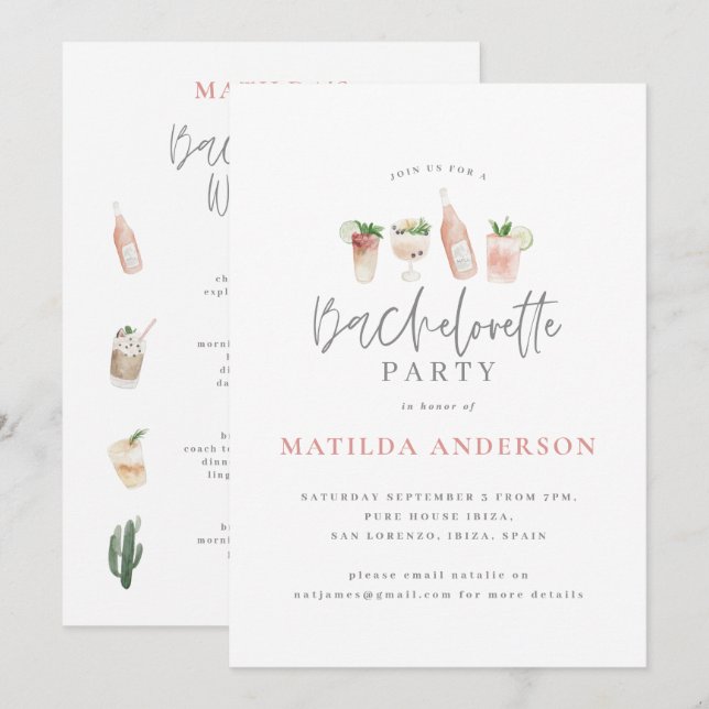 Girly pink drinks bachelorette weekend itinerary announcement (Front/Back)