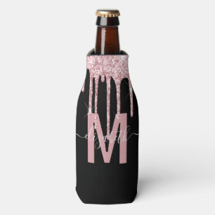 Girly Pink Dripping Glitter Monogram Name Bottle Cooler