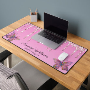 girly pink dripping glitters butterflies business desk mat