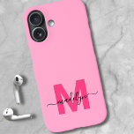 Girly Pink Elegant Minimal Name Monogram iPhone 16 Case<br><div class="desc">Personalized Hot Pink and Magenta Initial Monogram Phone Case. Add a pop of bright, happy color to your phone with this chic and personalized phone case. Featuring a vibrant pink background and a bold magenta hot pink initial, paired with a sleek black script name, this design combines fun with femininity...</div>