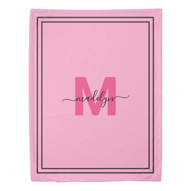 Girly Pink Elegant Script Name Monogram Duvet Cover (Front)