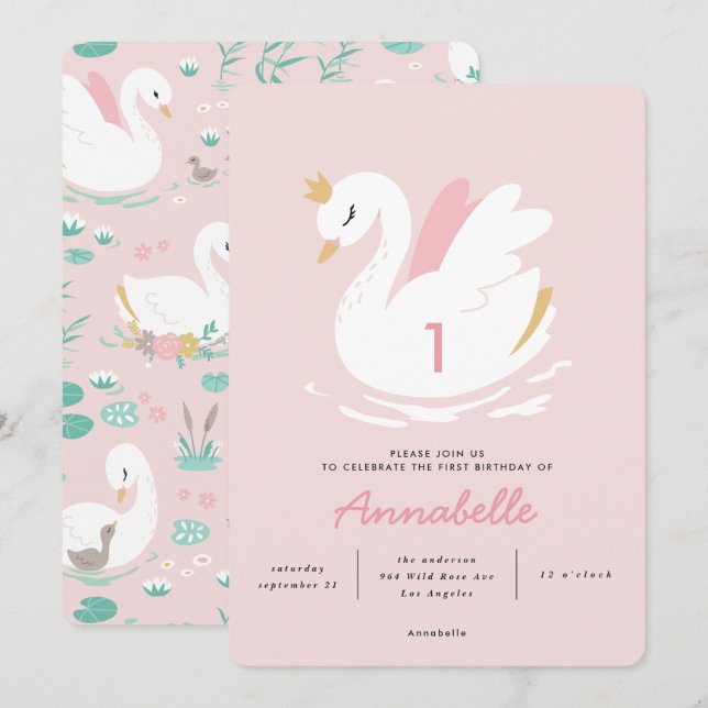girly pink elegant swan children's  invitation (Front/Back)