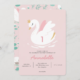 girly pink elegant swan children's invitation