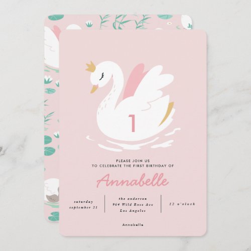 girly pink elegant swan childrens  invitation