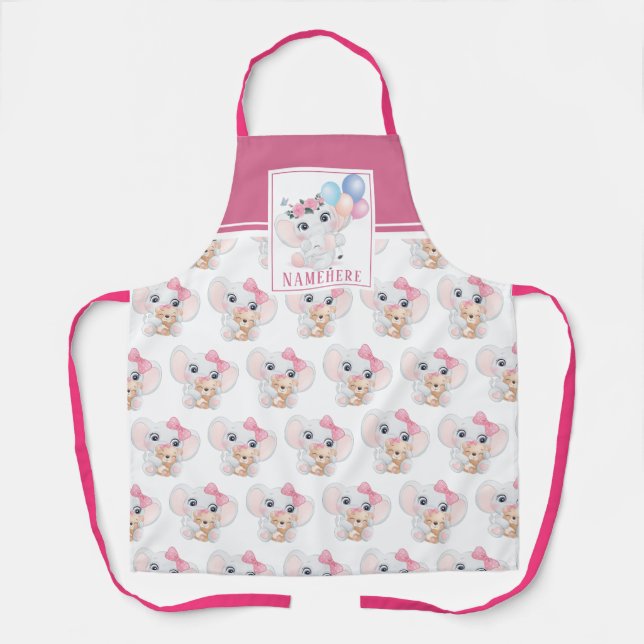 Girly Pink Elephant with Bow and Balloon Pattern Apron (Front)
