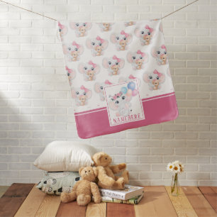 Girly Pink Elephant with Bow and Balloon Pattern Baby Blanket